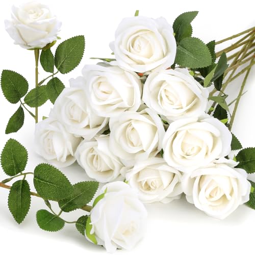 Roses Artificial Flowers, Silk Roses with Stems for Wedding Bridal Bouquets, Valentine Anniversary Mother's Day Get Well Hostess Housewarming Gifts, Indoor Outdoor Decor Party Centerpiece (12, White)