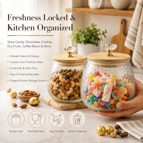 Image of bellemax 500ML Clear Glass Storage Jar With Air Tight Wooden golden butterfly Lids- Airtight Food Jars Glass Kitchen Containers For Pantry, Pickle Jar, Sugar Pasta Sugar Storage Jar (BM-04, Set of 2)
