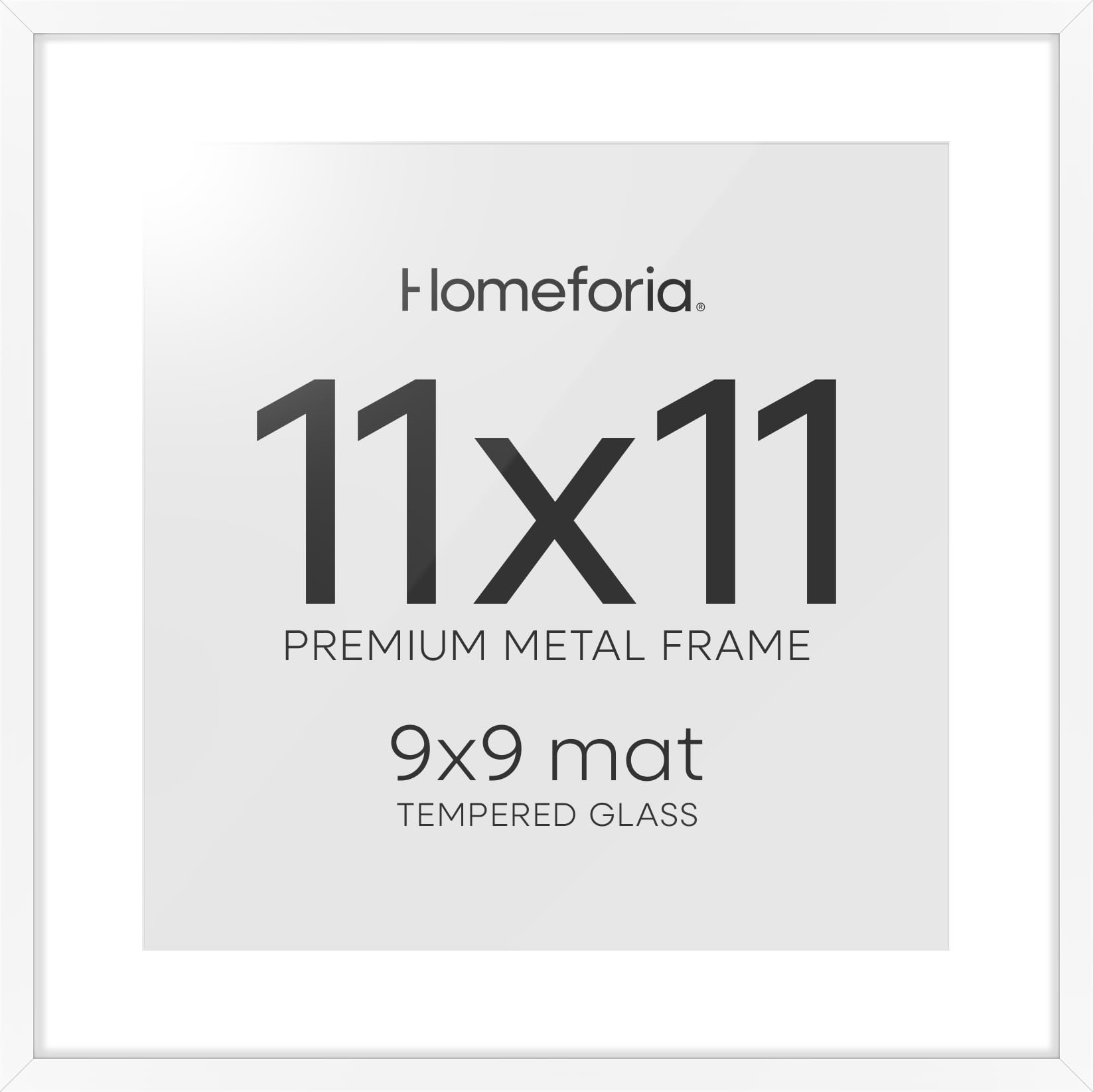 Homeforia 11x11 White Picture Frame, High-End Metal, 9x9 Mat, Glass | High End Aluminum, Tempered Glass, Acid-Free 9x9 Removable Mat, 11x11 in Edge-to-Edge Display 11x11, Wall Kit, Set Of 1