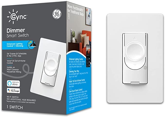 C by GE 4-Wire Smart Switch Dimmer - Compatible with Alexa + Google Home Without Hub, Single-Pole/3-Way Replacement On/Off Paddle, White