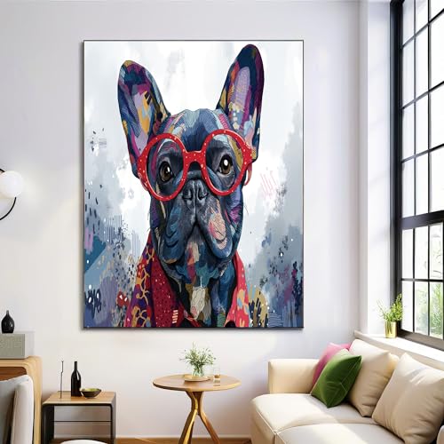 Cuadro de tela lienzo con ilustración de bulldog y gafas, póster decorativo moderno 70x100cm