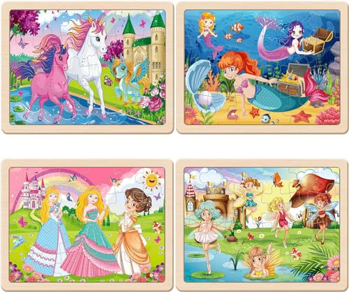 Wooden Puzzles for Kids Ages 4-6, 4 Packs 24 PCs Unicorn Mermaid Princess Fairy Jigsaw Puzzles, Preschool Educational Brain Teaser Toys for Girls 3 4 5 6 Years Old. - Image 3