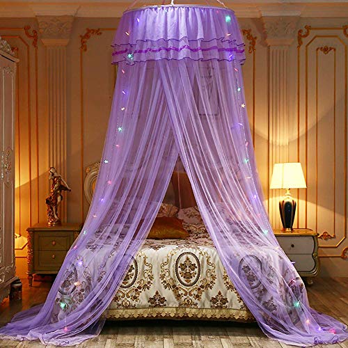 Adarl Princess Bed Canopy Mosquito Net for Kids, Dome Bed Curtains Hanging Play Tent for Childrens,Star Light String Not Included,Purple