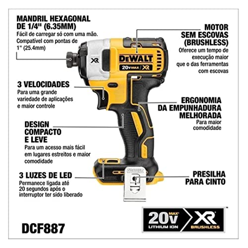 DEWALT Parafusadeira de Impacto de 1/4 Pol. (6,4mm) 20V MAX* XR Ion-Lítio 3VVR 2.700 RPM Sem Bateria