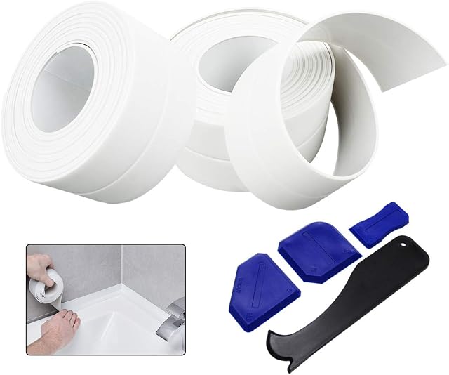Bath Sealant Strip, 2 Rolls Caulk Strip and 4 Pcs Silicone Scraper Tool,Self Adhesive Waterproof Seal Tape for Bathroom, Kitchen, Tub and Wall Corner Edge, White