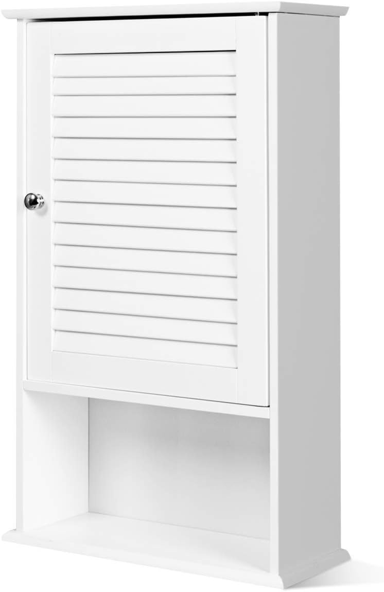 Single-Door Medicine Cabinet with Adjustable Shelf, Wooden Wall Storage Cabinet, Wall Mounted Bathroom Cabinet, White