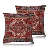 Swono Pillow Covers 18X18 Inch Set of 2 Turkish Carpet, Throw Pillow Cases Boho Tribal Geometric Paisley Floral Pillowcase Cushion Cover Decorative for Outdoor Home Sofa Bedroom Livingroom, Red