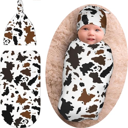 Image of Brown Cow Print Baby Stuff Newborn Swaddle Blanket Beanie Hat Set, Soft and Stretchy Cow Print Baby Blanket Swaddle Sack Gift for Boy and Girl Highland Cow