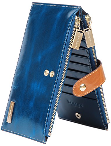 Genuine Leather Wallet for Women Credit Card Holder Wallets Zipper Purse with RFID Blocking Blue