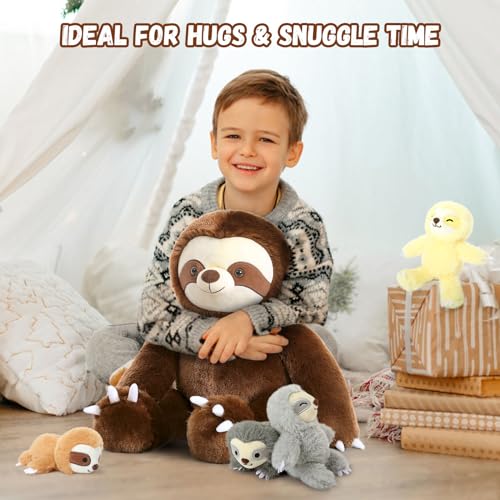 MorisMos Faultier riesen Kuscheltier XXL,60cm Sloth sitzende Faultier Stofftier Plüschtier mit 4 Baby im Bauch, Geburtstag Geschenk für Kinder Jungen