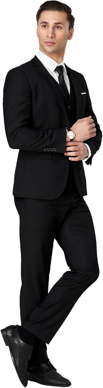 Men's Suit 3 Piece Slim Fit Suit Set, Two Button Solid Jacket Vest Pants with Tie, Men Tuxedo Suit Set - Image 5