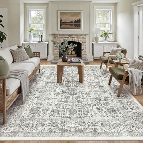 Black Area Rug 8x10 Machine Washable Large Vintage Living Room Distressed Non Slip Carpet Traditional Indoor Bedroom Retro Floral Accent Throw Rug for Office Kitchen Dining Room