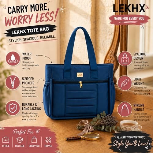 Image of LX LEKHX Tote Bag for Women | Lightweight Shoulder Handbag with 2 Main Zip Compartments & Multiple Pockets | Water Resistant Polyester Fabric | Office, Travel & Daily Use