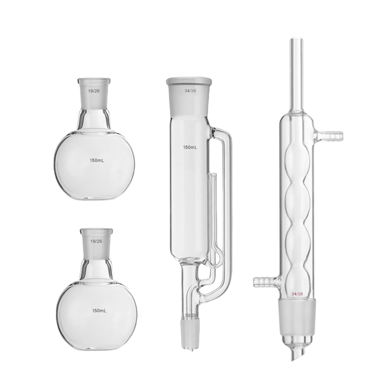 150ml 19/26 Glass Soxhlet Extractor Allihn Ball Shape Condenser Two 150ml Flat Bottom Flask