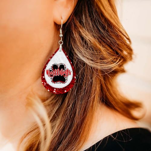 Bulldogs Earrings Red & White Pawprint Team School Football Dangle Teardrop MDF Wood Printed Sports Fan Jewelry for Women Handmade by The Painted Pug (Red White Lg Pawprint)2