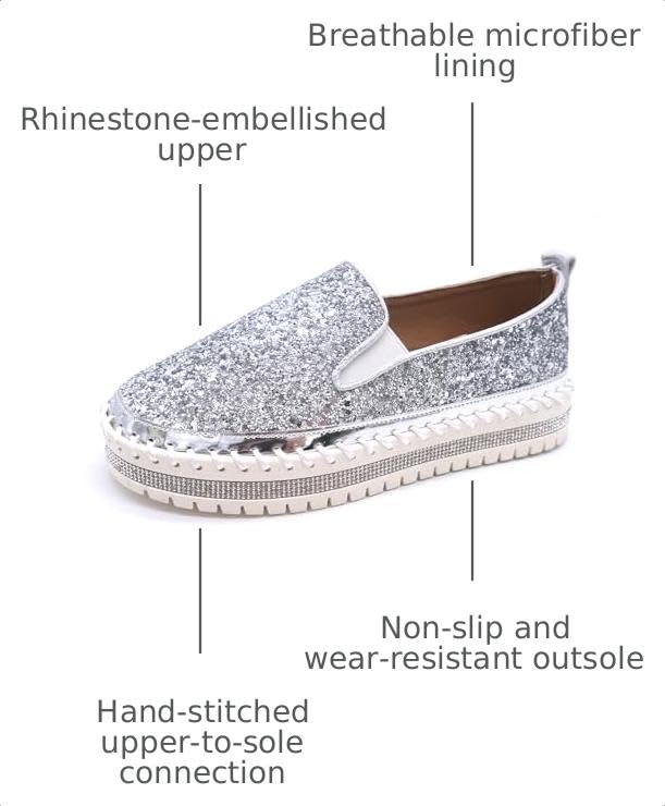 Image of Women's Platform Rhinestones Glitter Fashion Sneakers Comfortable Slip On Flat Loafers Walking Wedding Dress Shoes Casual Shoes