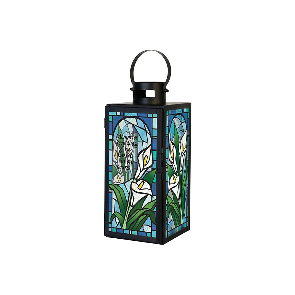 Carson Memories Keep Those we Love in Our Hearts Lantern with Flameless LED Candle, 14-inch Height, Stained Glass, Home Decor