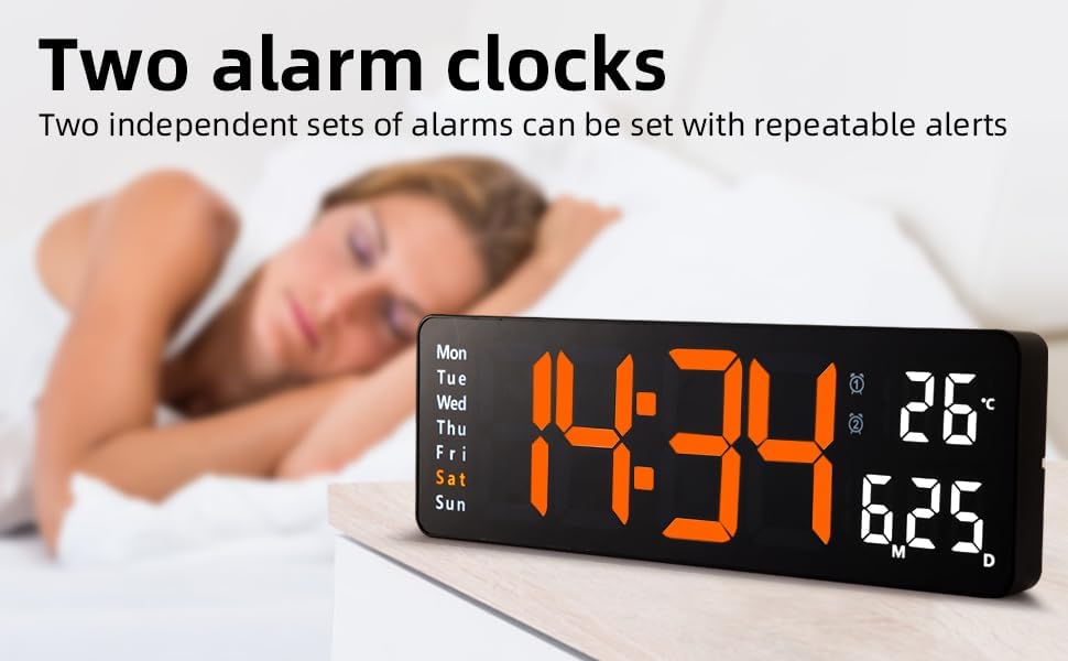 Image of 15-Inch Digital Wall Clock with Large LED Display - Remote Control, Auto-Dimming, Night Light, Date, Day, Temperature, DST Function - Ideal for Living Room, Bedroom (Orange & White)