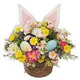 wwmira Easter Bunny Basket with Fluffy Bunny Ears - Spring Table Centerpiece with Woven Rattan Eggs & Flowers, Farmhouse Home Decor, Matching Easter Wreath Collection Gift