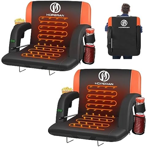 HOPERAN 25" 2pcs Dual-Sided Heated Stadium Seats for Bleachers with Back Support and Reclining Lever, 3 Levels Heating Bleacher Seats with Backs and Cushion Wide, Portable Stadium Chair for Outdoor Cover