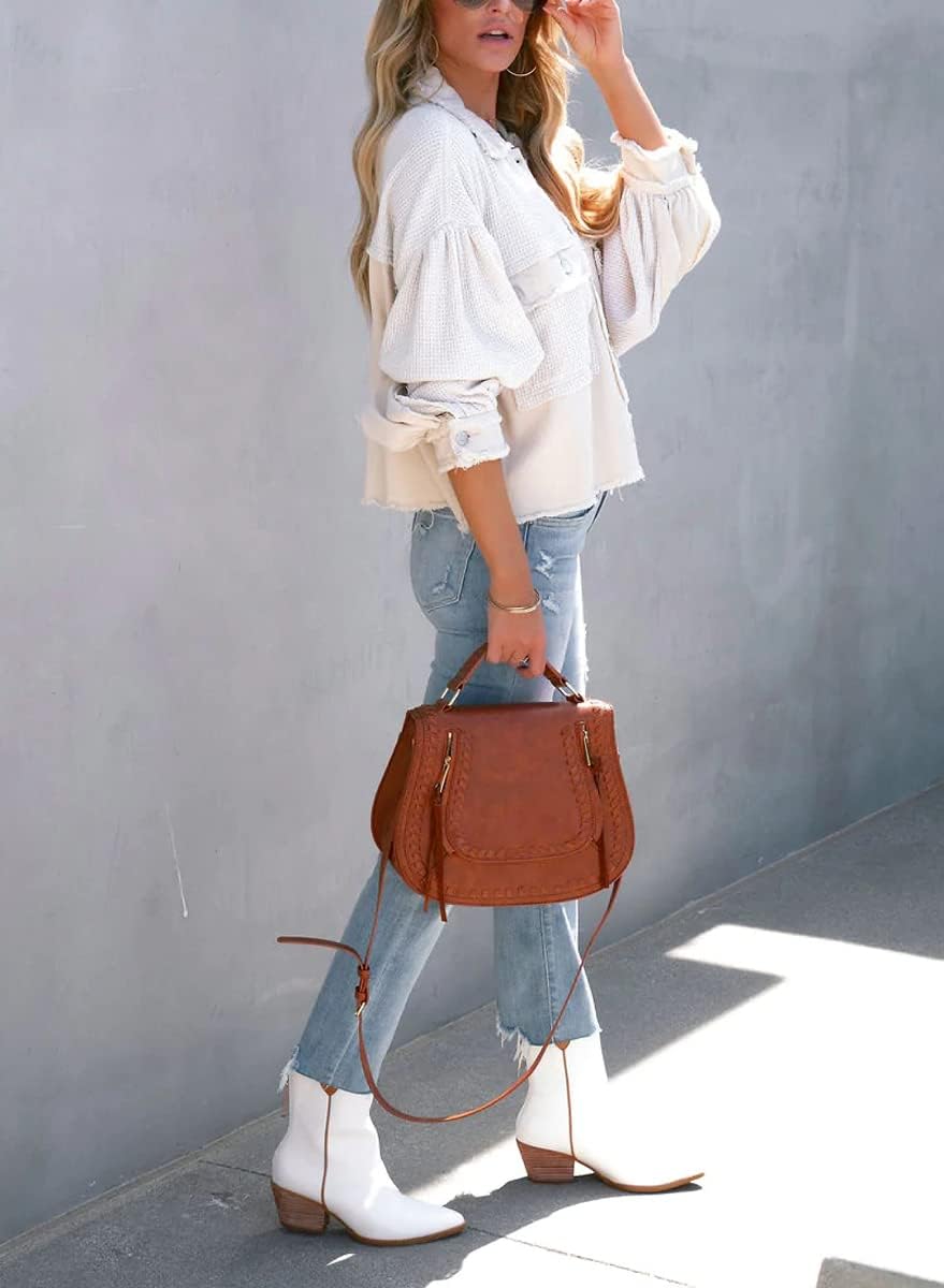 Women's Fall Casual Cropped Waffle Knit Jacket Button Down Spliced Denim Shacket Tops - Image 4