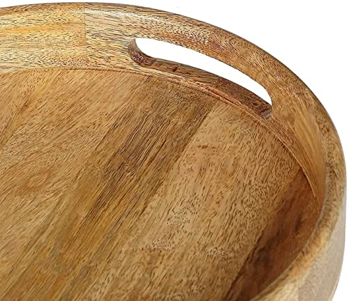 Image of Handmade Round Wooden Serving Tray| Serving Tray Wooden |Tray for Dining Table & Home Kitchen| Wooden Trays for Serving (Handmade Natural Wooden Serving Tray Round 12inch)
