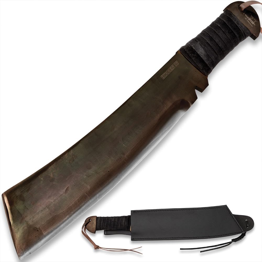 Gil Hibben IV Machete Knife with Leather Sheath | Heat Forged 1090 Carbon Steel | Weathered Blade Finish | Black Cord-Wrapped Handle | Rugged Machete for Practical Use | 18 1/4" Overall