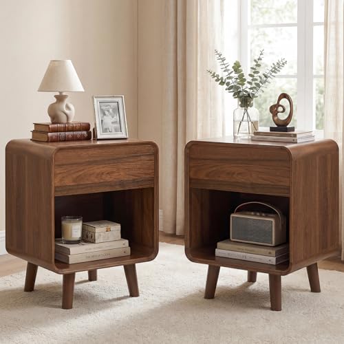 Image of LYNCOHOME Bedside Tables Set of 2,Bedside Cabinet,Nightstand with Rounded Corners, Wooden Side Table with for Living Room, Bedroom,Walnut, 2 Pack