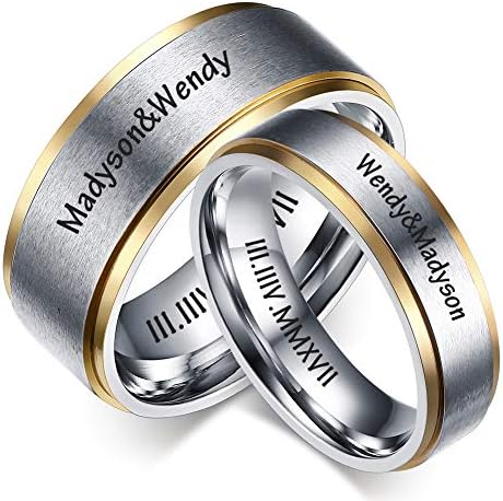 LMXXV Set for 2 Personalized Date Name Matching Ring Brushed Finish Stainless Steel Couples Ring for Wedding Band