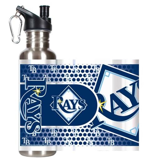 MLB Tampa Bay Rays Water Bottle with Metallic Wrap and Pop-Up Spout, Stainless Steel, 26-Ounce
