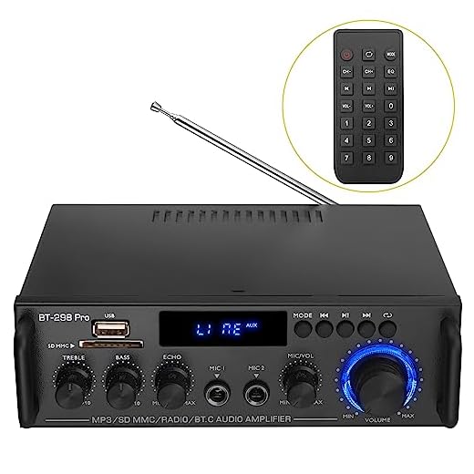 Amplificador Estéreo HiFi Bluetooth PROZOR Con Función de Reverberación de Micrófono, 2 Canales, Radio FM, MP3/USB/Lectores SD y Control Remoto