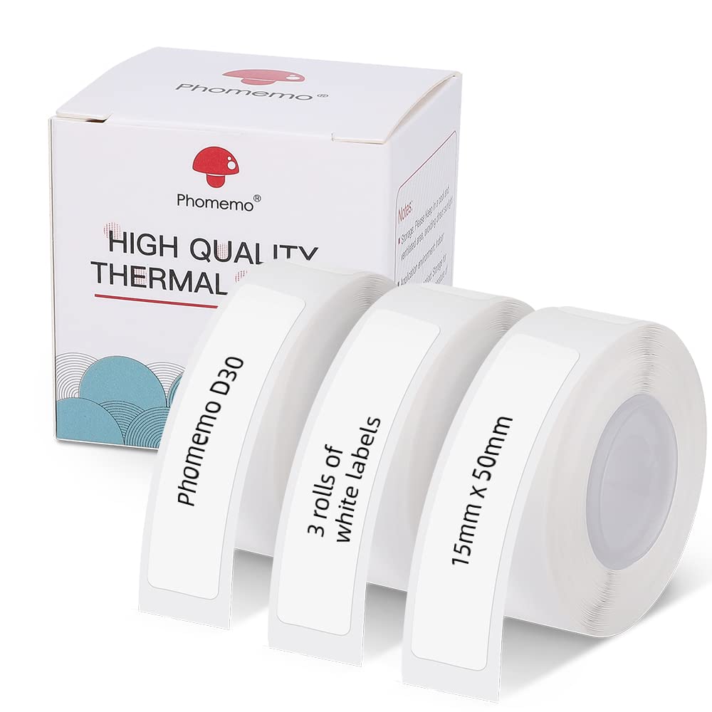 Phomemo D30 Labels,3 Rolls Self-Adhesive White 0.59" x 1.96" (15mm X 50mm) 390 Labels,Thermal Printing Paper Compatible with Phomemo D30 Label Maker for Home,Office,School,Storage Organization