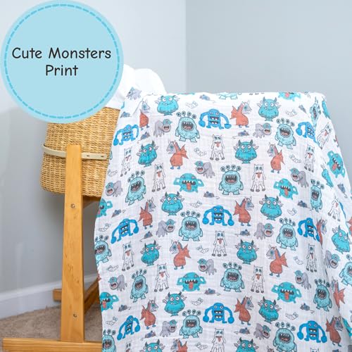 Image of LollyBanks Muslin Swaddle Blankets, 100% Cotton Soft and Breathable Baby Blanket for Boys, 47 x 47 Inches Receiving Blankets, Lightweight Newborn Swaddles, Nursery Must Haves (Monsters Print)