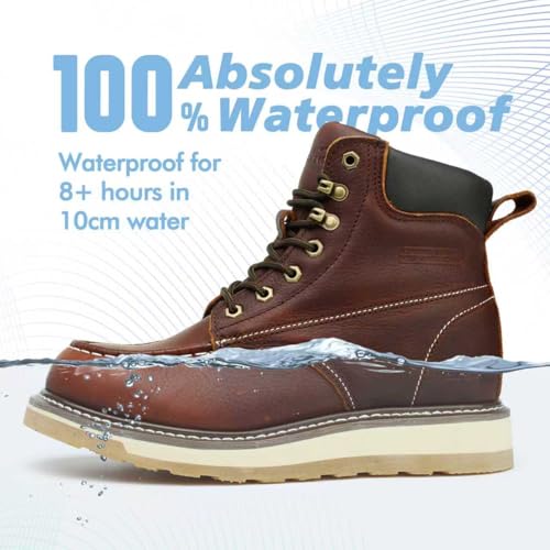 Image of Moc Toe Work Boots for Men Waterproof Soft /Steel Toe Comfortable Full Grain Leather Non Slip Wedge Outsole Construction 6 inch Workboots