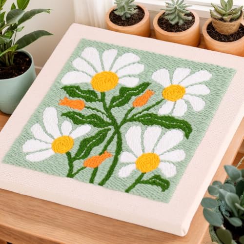 Image of DCCQ Punch Needle Kits for Beginners,Sunny Lovely White Flowers and Green Background,with Hoop Embroidery Punch Needle Starter Craft Set for Suitable as a Holiday Gift for Adults or Children