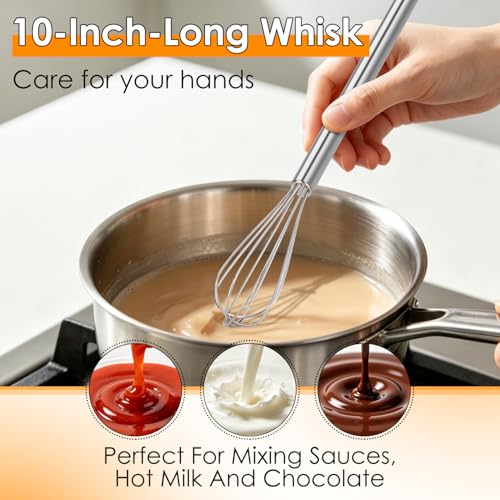 Image of HOTEC 10 Inch Mini Whisk Anti-Rust 304 Stainless Steel Small Whisks for Cooking, Baking, Mixing Ingredients & Deep Containers