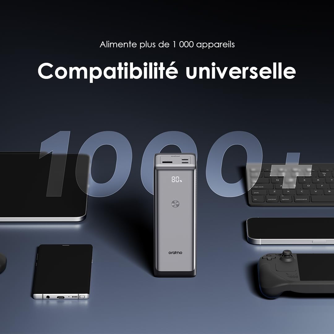 oraimo PowerJet 130 - Batterie Externe Puissante 130W 27600mAh - Power Bank Haute Capacité Recharge Rapide avec 3 Ports USB-C PD 100W et Écran Numérique LED, Conforme pour Avion