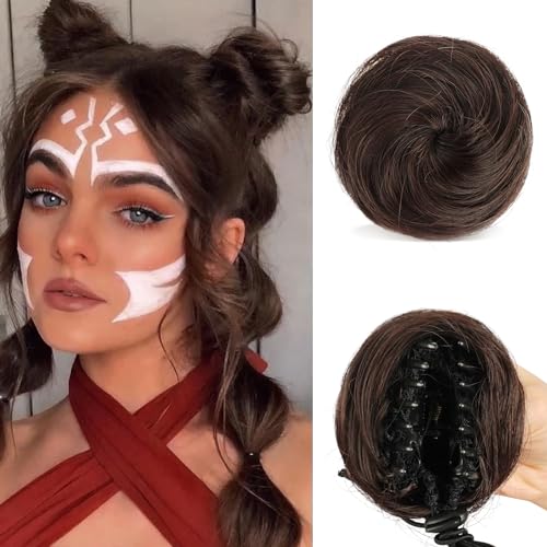 Sofeiyan 2PCS Mini Claw Clip in Hair Bun Messy Cat Ears Hair Bun Extension Synthetic Donut Wig Accessory Updo Space Bun Hair Pieces for Women Girls Darkest Brown Mix Dark Auburn