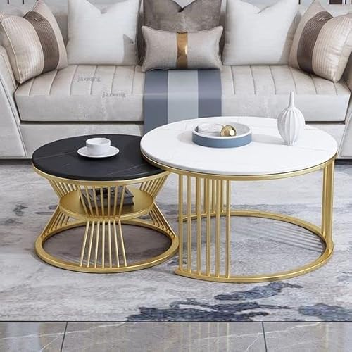 Dalak Arts Nesting Coffee Table Set Of 2, Round Coffee Table Wooden With Adjustable Non-Slip Feet, Industrial End Table For Living Room Bedroom Balcony Black &White 3