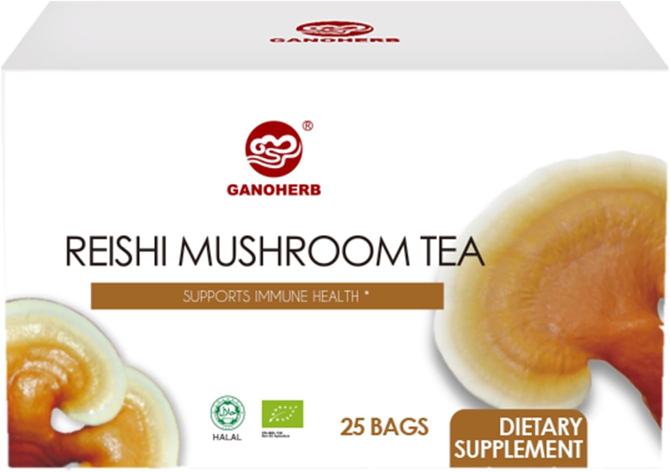 GANOHERB Reishi Mushroom Tea, Adaptogen Ganoderma Lucidum Herbal Tea for Immune Health Boost, Stress Relief, Caffeine-Free, No Sugar, 25 Count (Pack of 1)