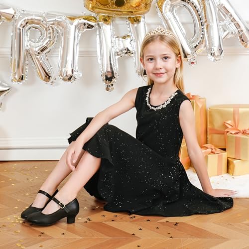 Image of Dufannie Girls Dress Shoes Low Heel Princess Flats Mary Jane Flower Wedding Party Glitter Shoes for Kids Toddler