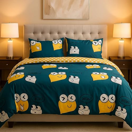 Image of Famyo King Size Bedsheet Set with 2 Pillow Covers, 250 TC Fitted Kids Bedsheet, Comforter & Comforter Cover (5pc Set) -Home Decor, 72x78 inches, Cute Smiles Design