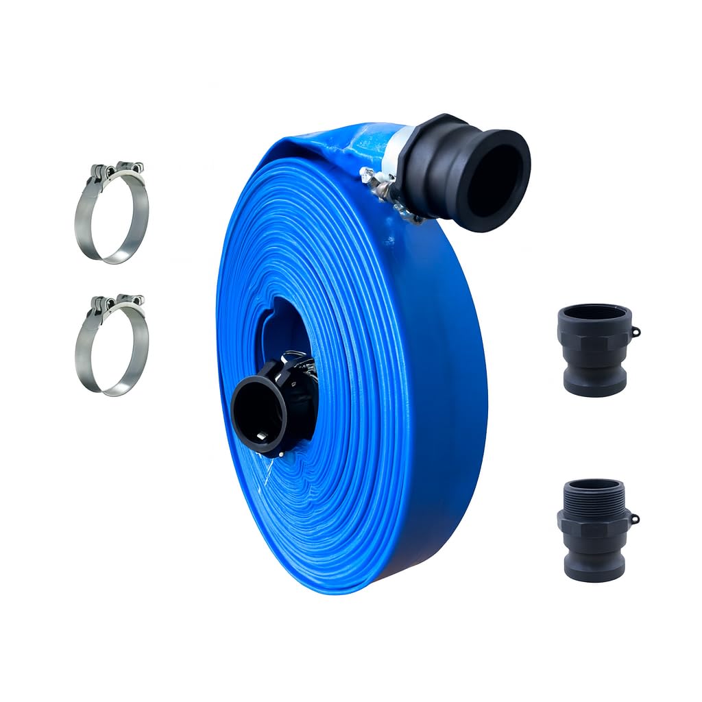 Manguera plana de PVC con acoples Camlock de PP Tipo A,C,E,F + 2 Abrazaderas Super. (25mm T50m)