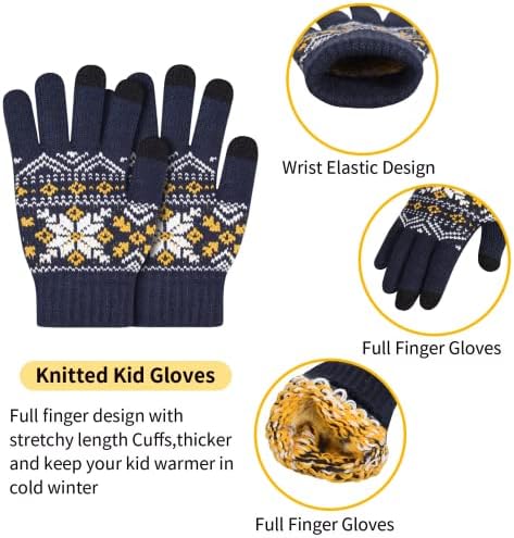 Boys Hat Scarf and Gloves Set - Girls Kids Hat and Gloves Set 3pcs Winter Thermal Knitted Beanie Cap & Circle Scarf & Magic Gloves with Fleece Lining Snow Pattern for Children Warm 5-10 Years Old