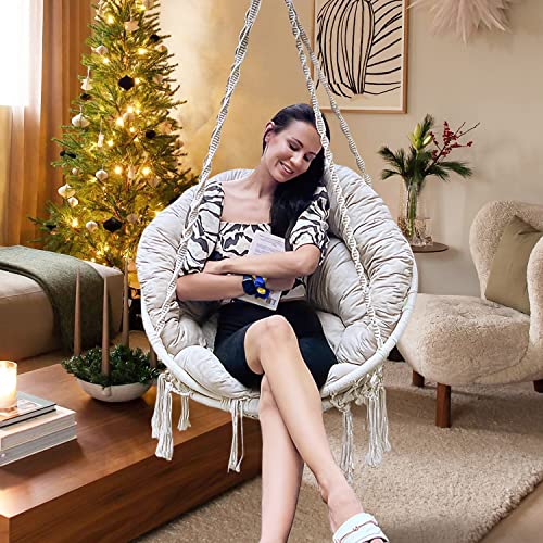 Hammock Chair with Cushion, Handmade Macrame Swing Chair with Hanging Hardware Kits, Bohemian Style Cotton Rope Hanging Chair for Bedroom Indoor Outdoor, Beige - view 1