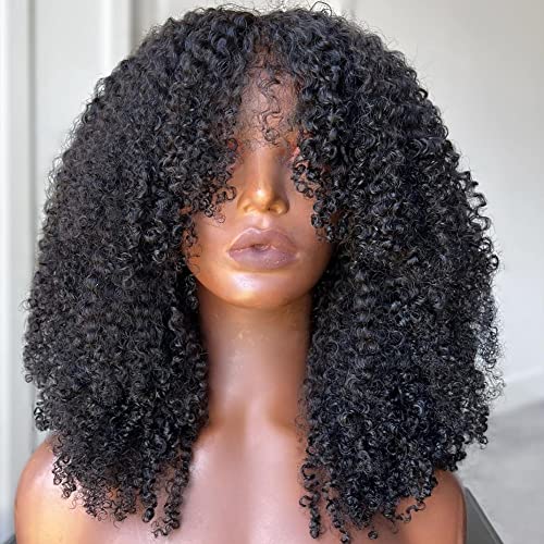 Meadow hair Peluca de cabello humano rizado afro de densidad 200 con flequillo, brasileño, virgen, rizado, flequillo, para mujeres negras, peluca superior de cuero cabelludo a máquina, sin pegamento