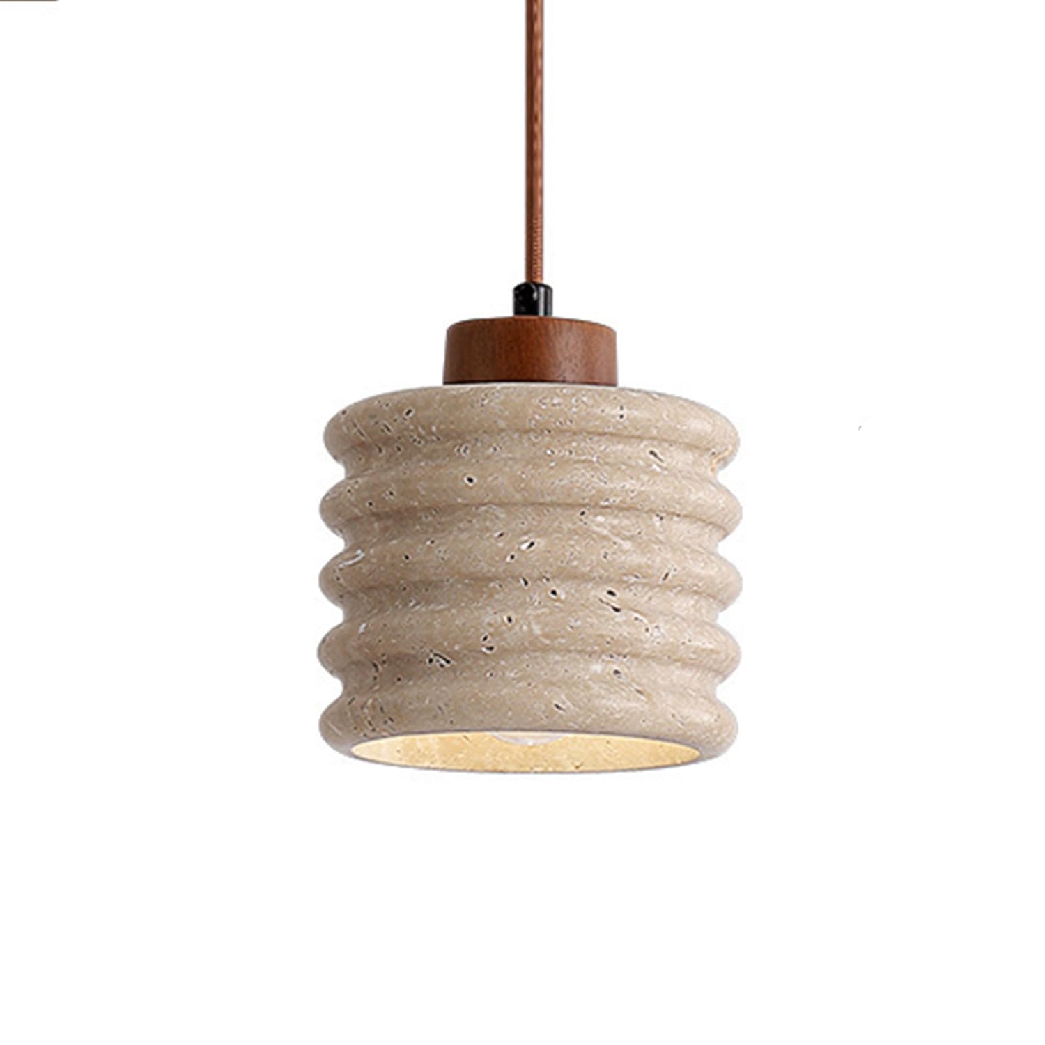 MTNROO Black Travertine Pendant Lamp Fixture Curved 6.3 in Hanging Lights Natural Porous Travertine Stone with A Decorative Wooden Handle E27 Base Wabi-sabi Style for Living Room Bedside Dining Room