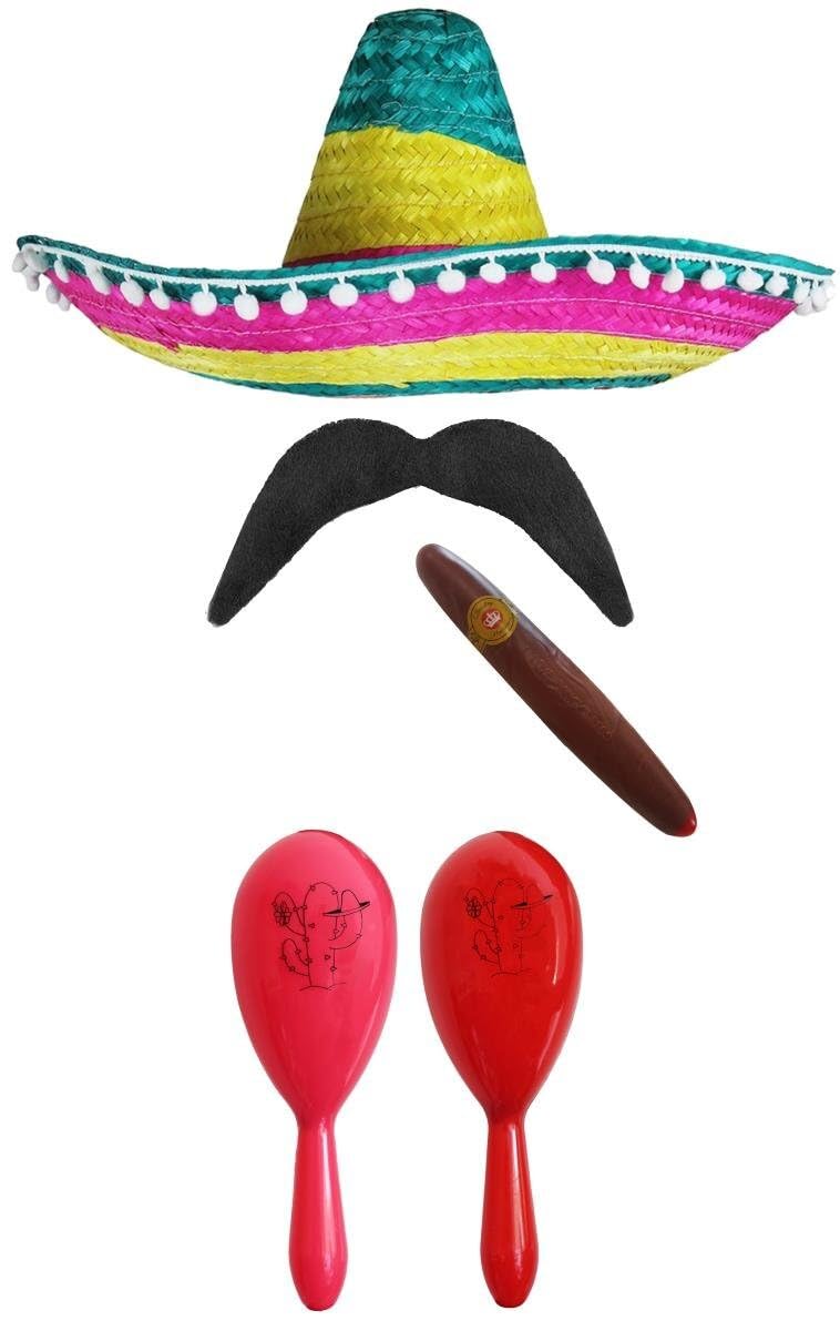Adults Mexican Fancy Dress Up Accessory Set - Sombrero Maracas Moustache Cinco De Mayou Senorita Bandit Mariachi Costume