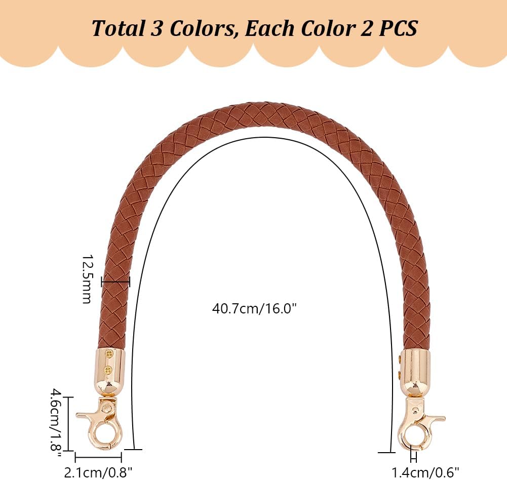 PH PandHall 6pcs Braided Purse Straps Replacement Strap 3 Colors PU Leather Bag Handles Handbag Strap with Lobster Claw Clasps 40.7x1.3x1.2cm for Handbag Shoulder Bag Wallet DIY Bag Accessories