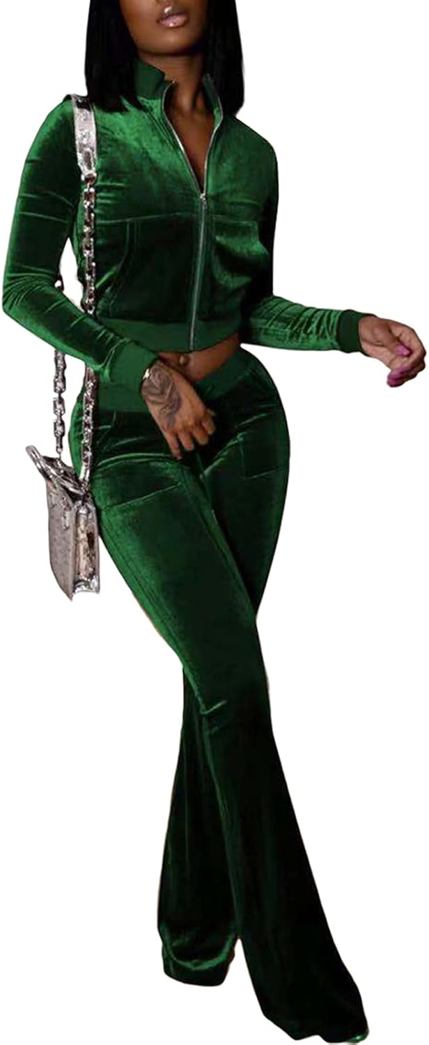 qfmqkpi Two Piece Outfits for Women Crop Top Zip Jacket and Flare Pants Set Velour Tracksuit - Image 2